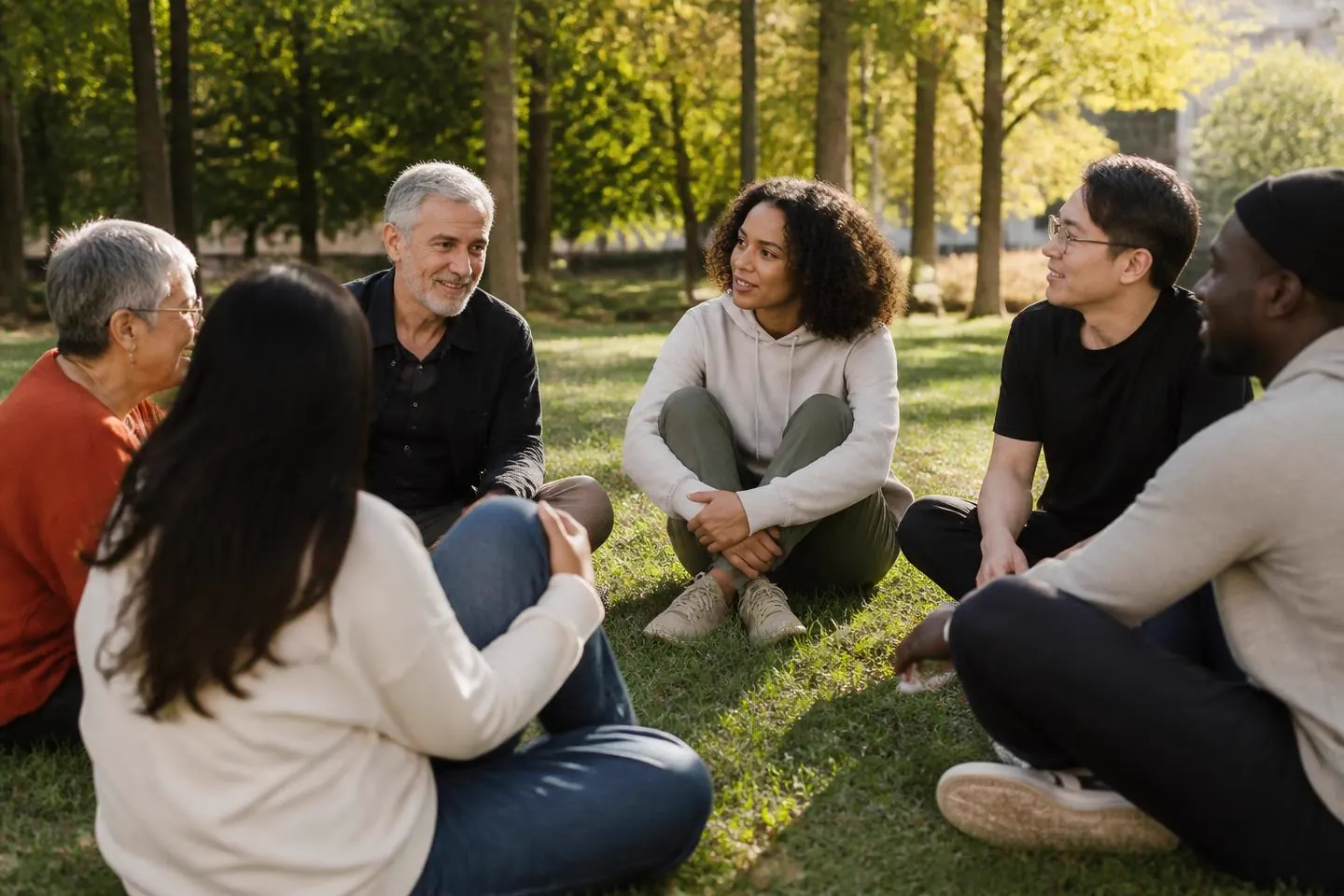 A diverse group of people sitting together in a sunlit park