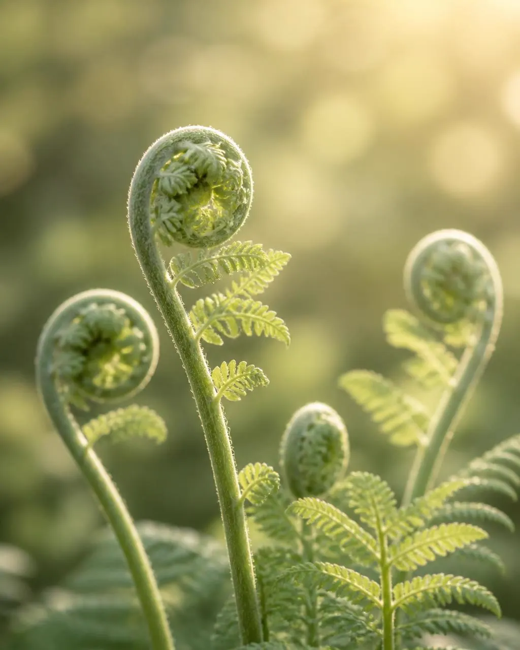 Young fern fronds unfurling in soft golden light