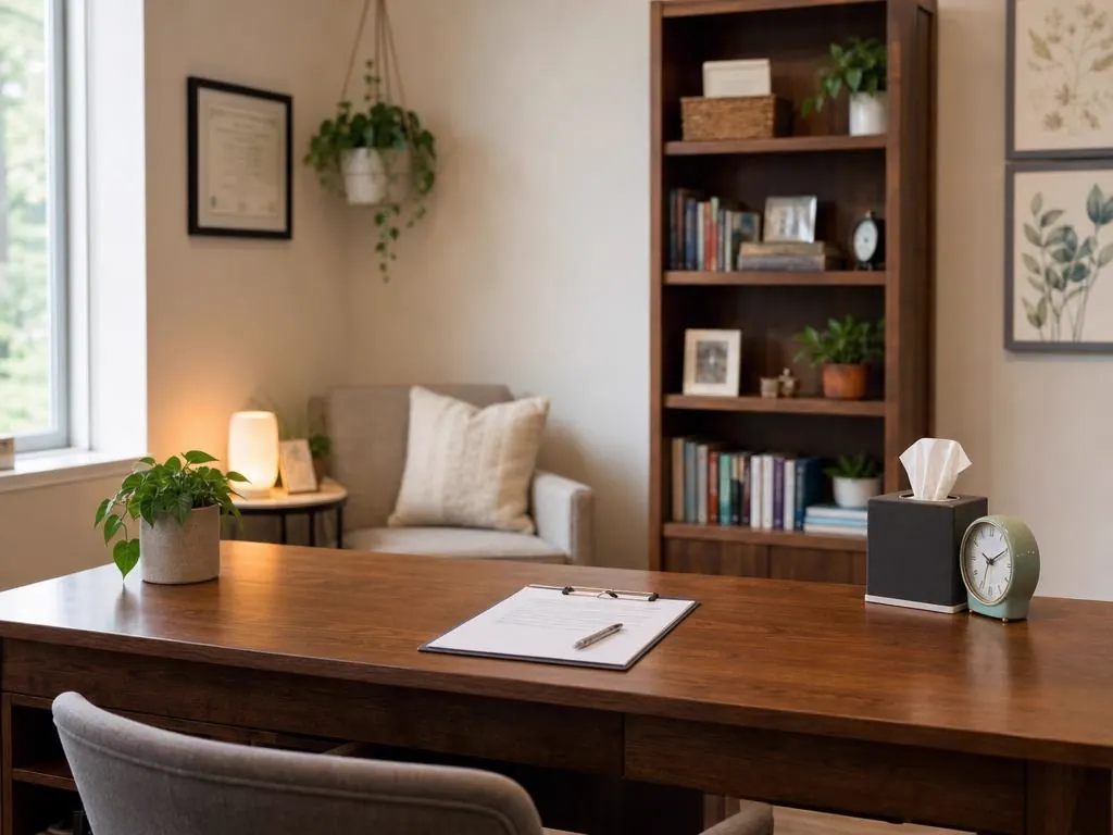 Warm consultation office with clipboard and natural light