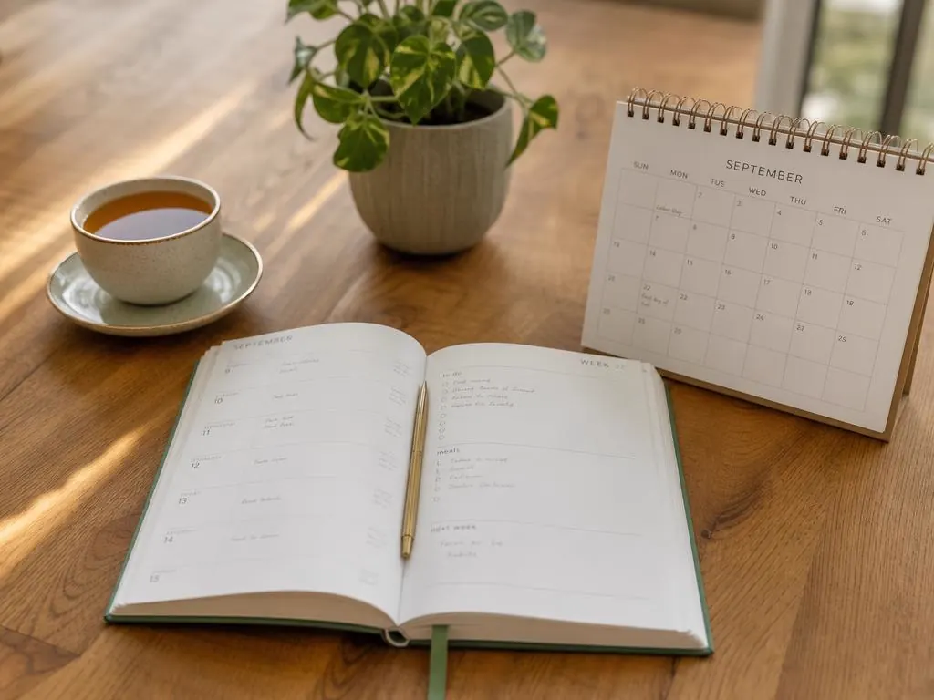 Planner and calendar on a warm wooden desk with tea