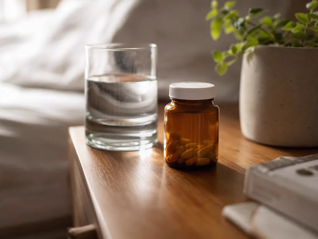 Medication bottle with water and a small plant in soft morning light