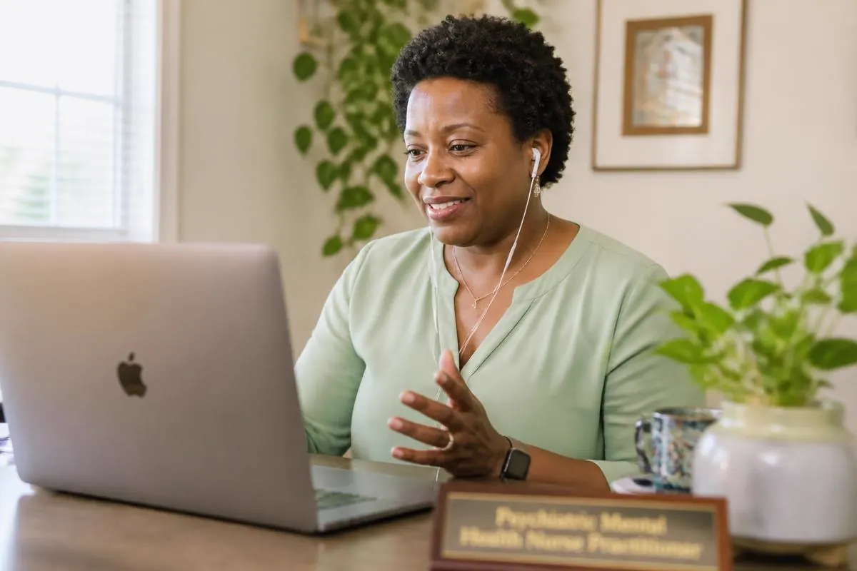 Person on a telehealth video call from a cozy home setting