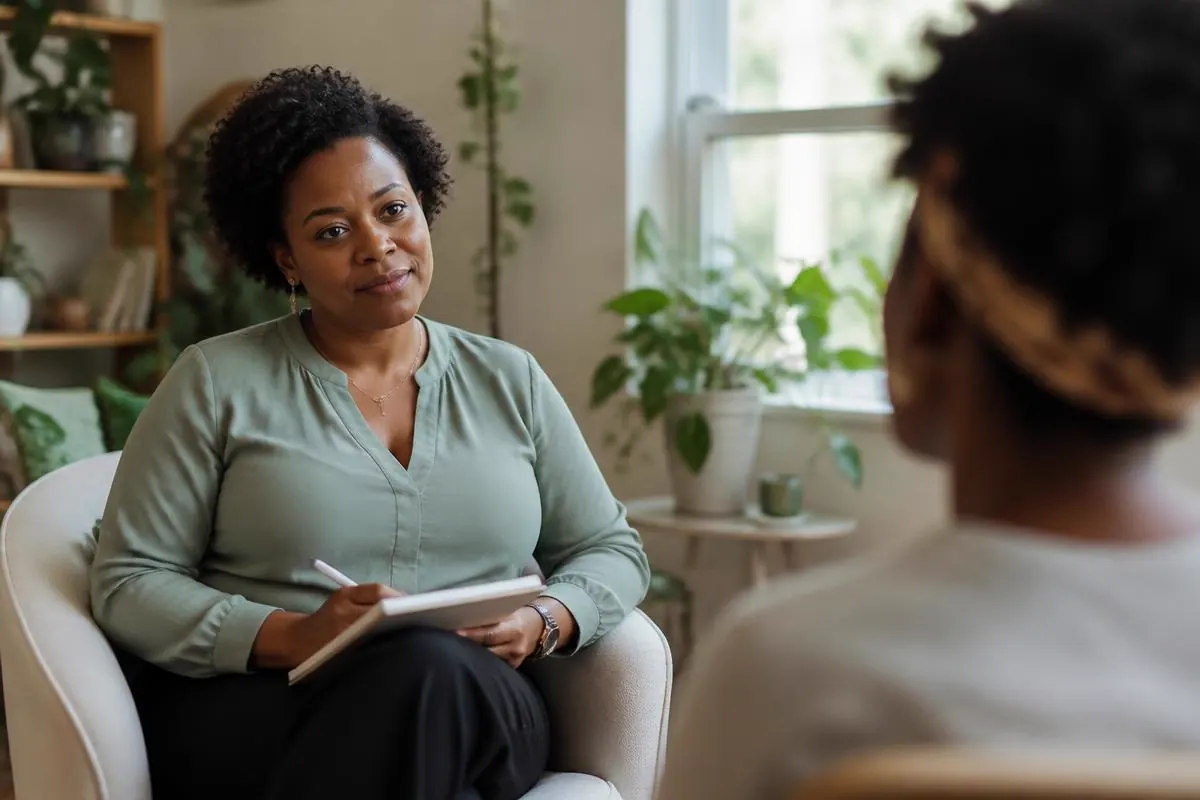 Two people having a supportive conversation in a comfortable room