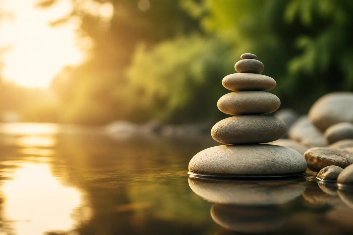 Balanced stones resting beside still water at golden hour